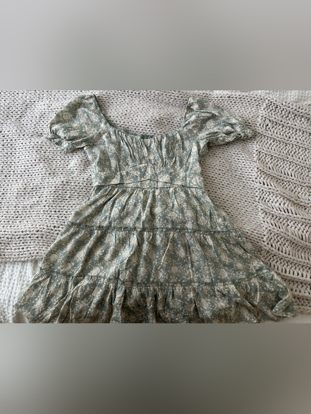 Floral Puff-Sleeve Tiered Dress - Sage Green